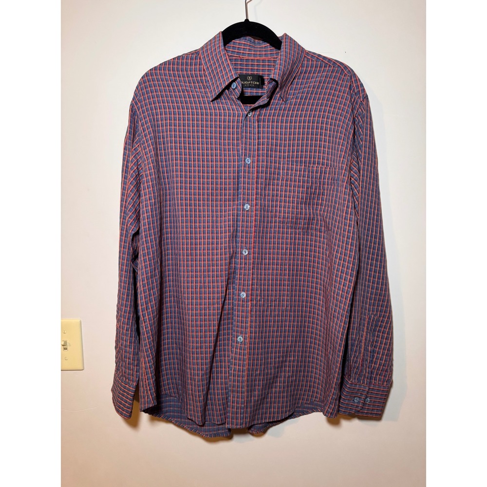 Bugatchi Uomo Mens Large Blue Red Plaid Modal Microfiber Button Down Shirt L